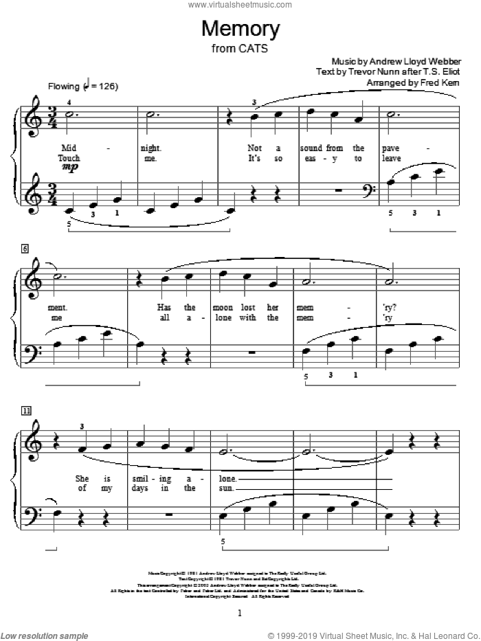 Memory (from Cats) (arr. Fred Kern) sheet music for piano solo (elementary) by Andrew Lloyd Webber, Fred Kern, Cats (Musical), Miscellaneous, Barbra Streisand, T.S. Eliot and Trevor Nunn, beginner piano (elementary)