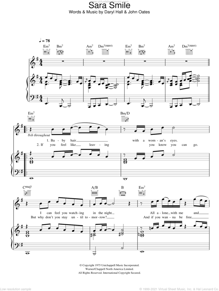 Sara Smile sheet music for voice, piano or guitar by Rumer, Daryl Hall and John Oates, intermediate skill level