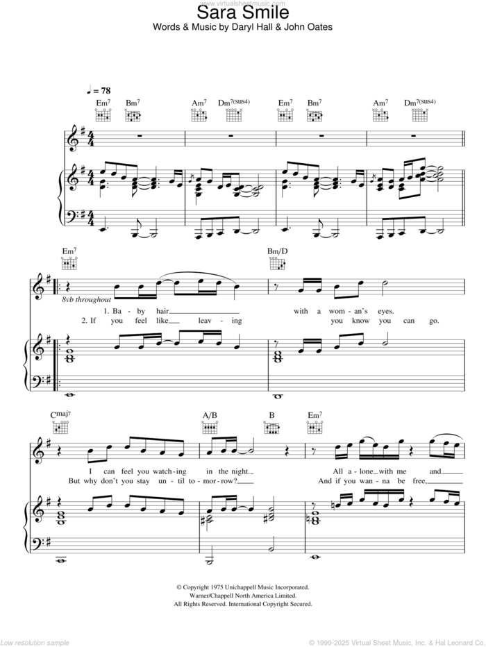 Sara Smile sheet music for voice, piano or guitar by Rumer, Daryl Hall and John Oates, intermediate skill level