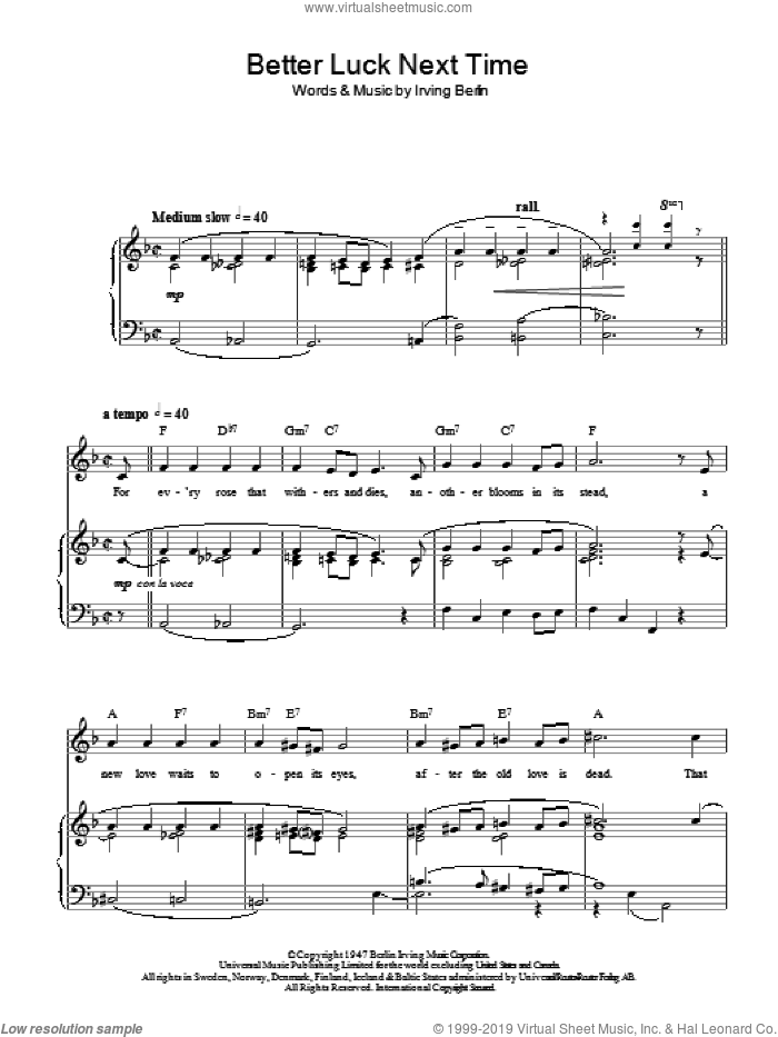 Better Luck Next Time sheet music for voice, piano or guitar by Top Hat Cast and Irving Berlin, intermediate skill level