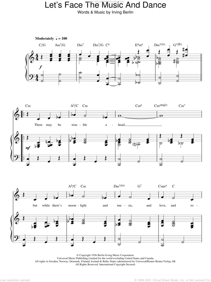 Let's Face The Music And Dance (from Top Hat) sheet music for voice, piano or guitar by Irving Berlin and Top Hat Cast, intermediate skill level
