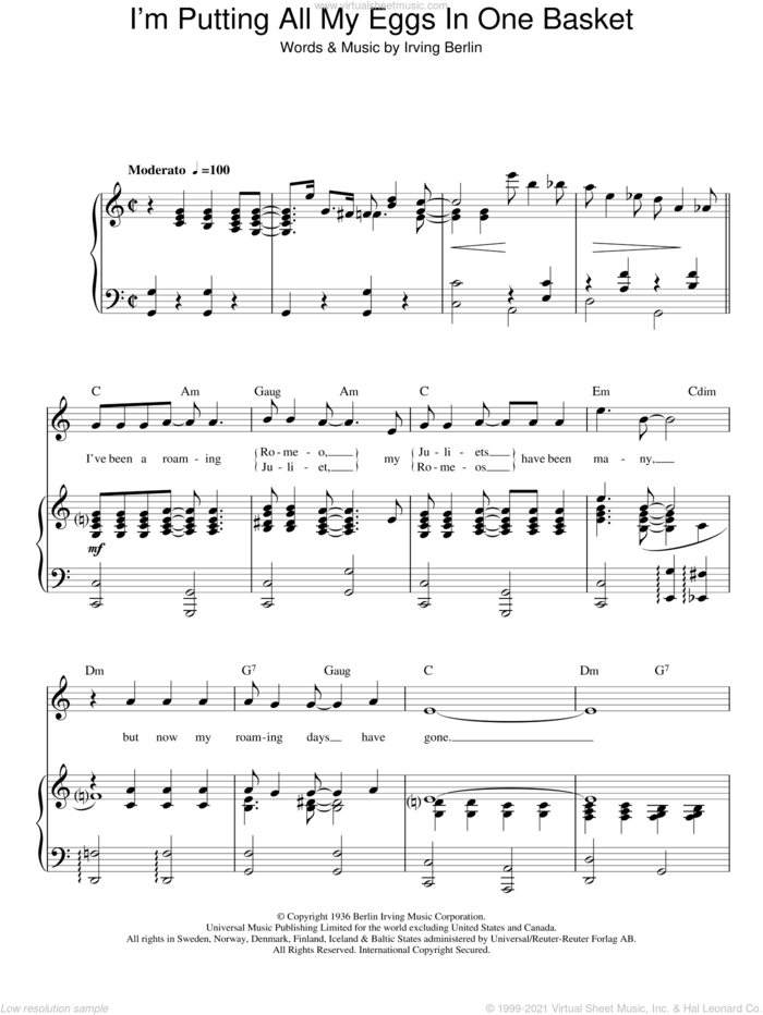 I'm Putting All My Eggs In One Basket sheet music for voice, piano or guitar by Top Hat Cast and Irving Berlin, intermediate skill level