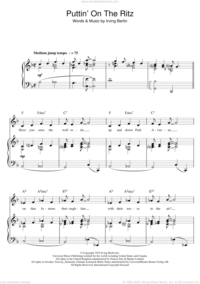 Puttin' On The Ritz (from Top Hat) sheet music for voice, piano or guitar by Irving Berlin and Top Hat Cast, intermediate skill level