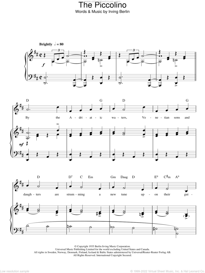 The Piccolino sheet music for voice, piano or guitar by Top Hat Cast and Irving Berlin, intermediate skill level