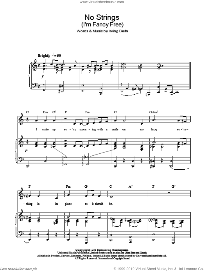 No Strings (I'm Fancy Free) sheet music for voice, piano or guitar by Top Hat Cast and Irving Berlin, intermediate skill level