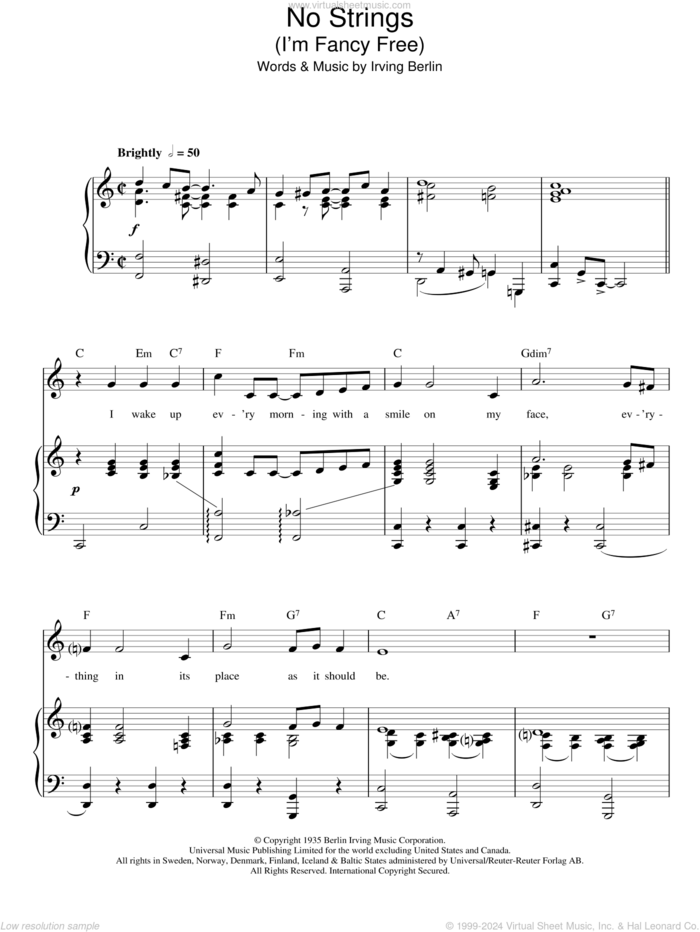 No Strings (I'm Fancy Free) sheet music for voice, piano or guitar by Top Hat Cast and Irving Berlin, intermediate skill level