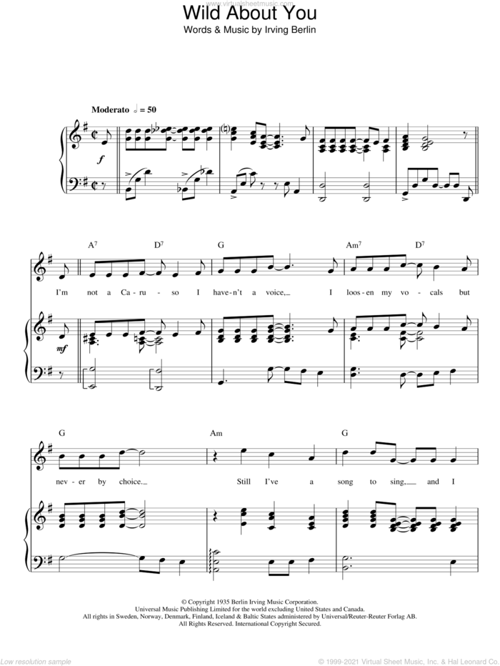 Wild About You sheet music for voice, piano or guitar by Top Hat Cast and Irving Berlin, intermediate skill level
