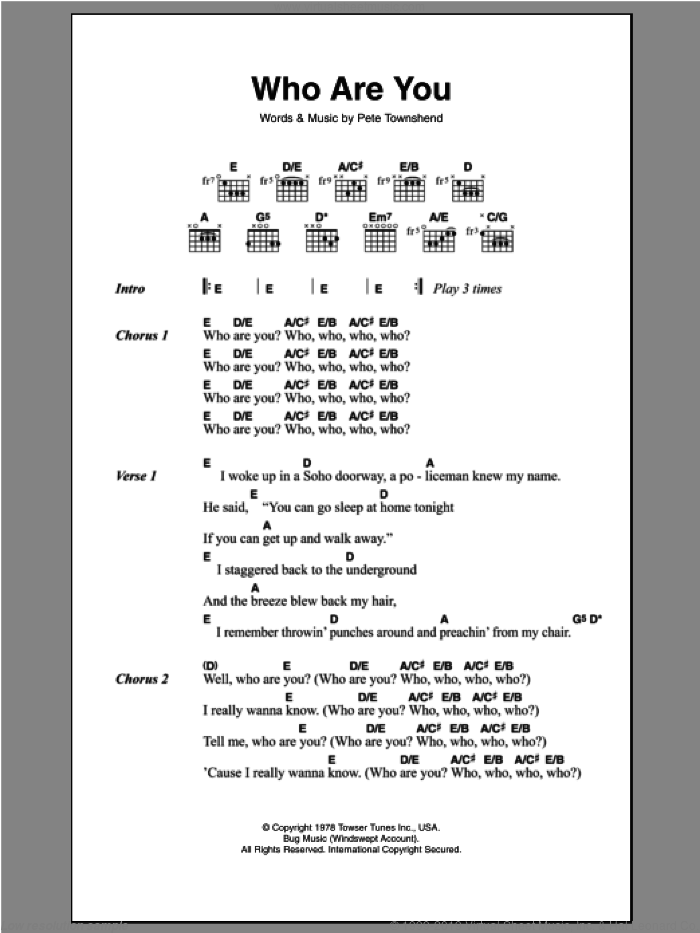 Who Are You? sheet music for guitar (chords) by The Who and Pete Townshend, intermediate skill level