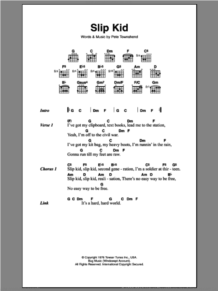 Slip Kid sheet music for guitar (chords) by The Who and Pete Townshend, intermediate skill level