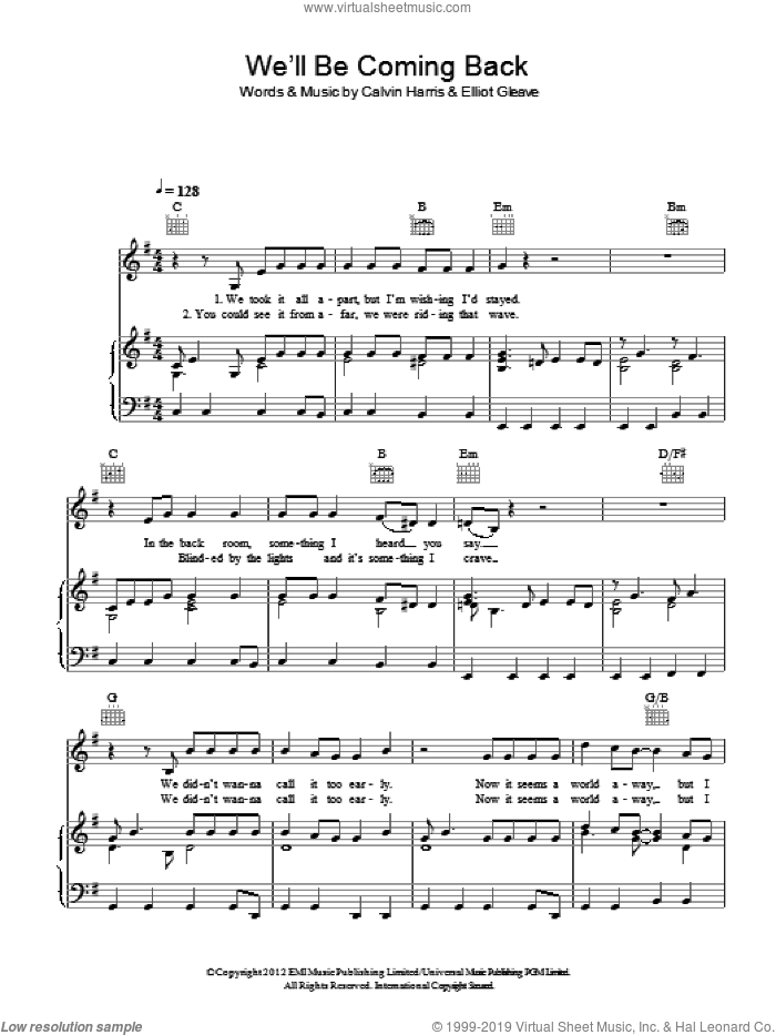 We'll Be Coming Back sheet music for voice, piano or guitar by Calvin Harris featuring Example, Calvin Harris and Elliot Gleave, intermediate skill level