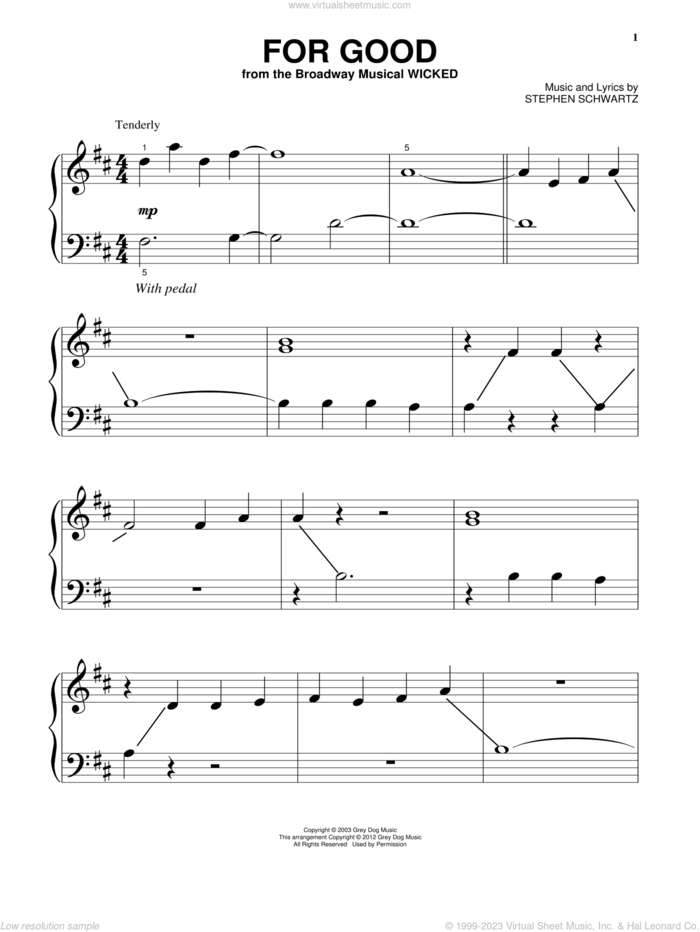 For Good (from Wicked), (beginner) (from Wicked) sheet music for piano solo by Stephen Schwartz, beginner skill level