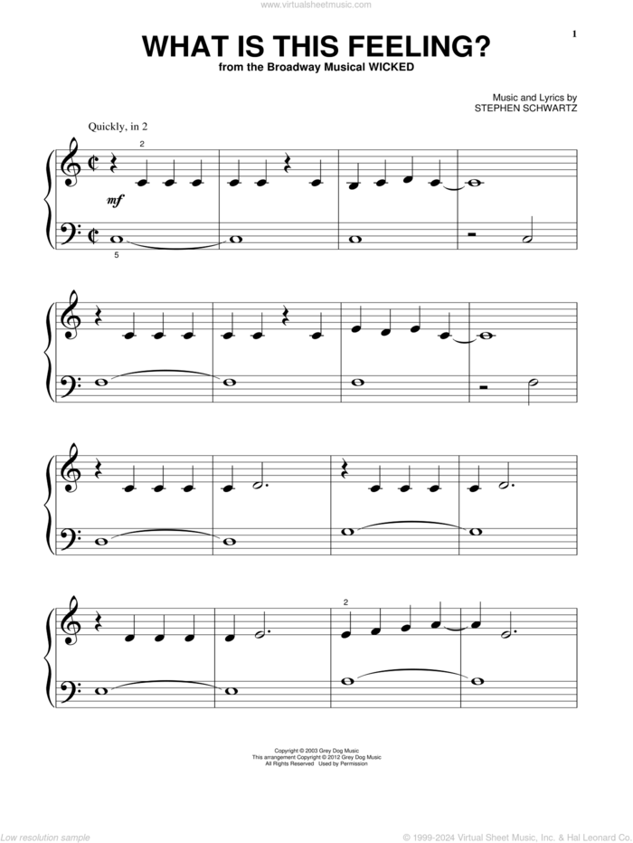 What Is This Feeling? (from Wicked), (beginner) sheet music for piano solo by Stephen Schwartz, beginner skill level