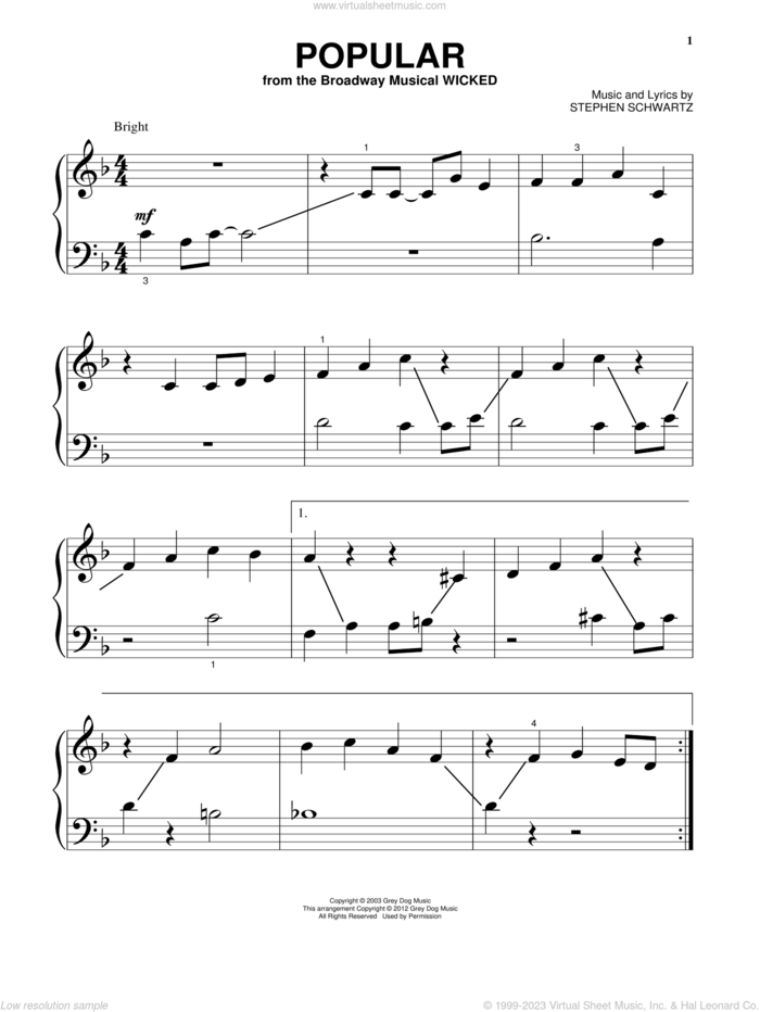 Popular (from Wicked) sheet music for piano solo by Stephen Schwartz, beginner skill level