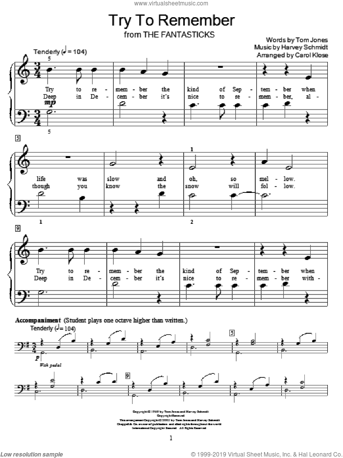 Try To Remember sheet music for piano solo (elementary) by Harvey Schmidt, Carol Klose, Miscellaneous, The Fantasticks (Musical) and Tom Jones, beginner piano (elementary)