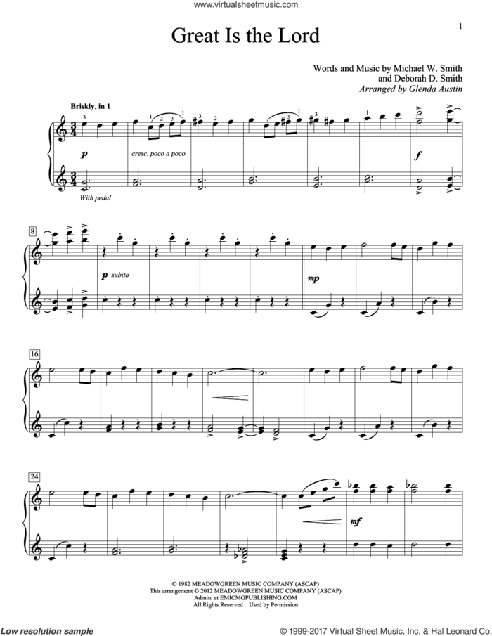 Great Is The Lord sheet music for piano solo (elementary) by Michael W. Smith, Deborah D. Smith and Glenda Austin, beginner piano (elementary)
