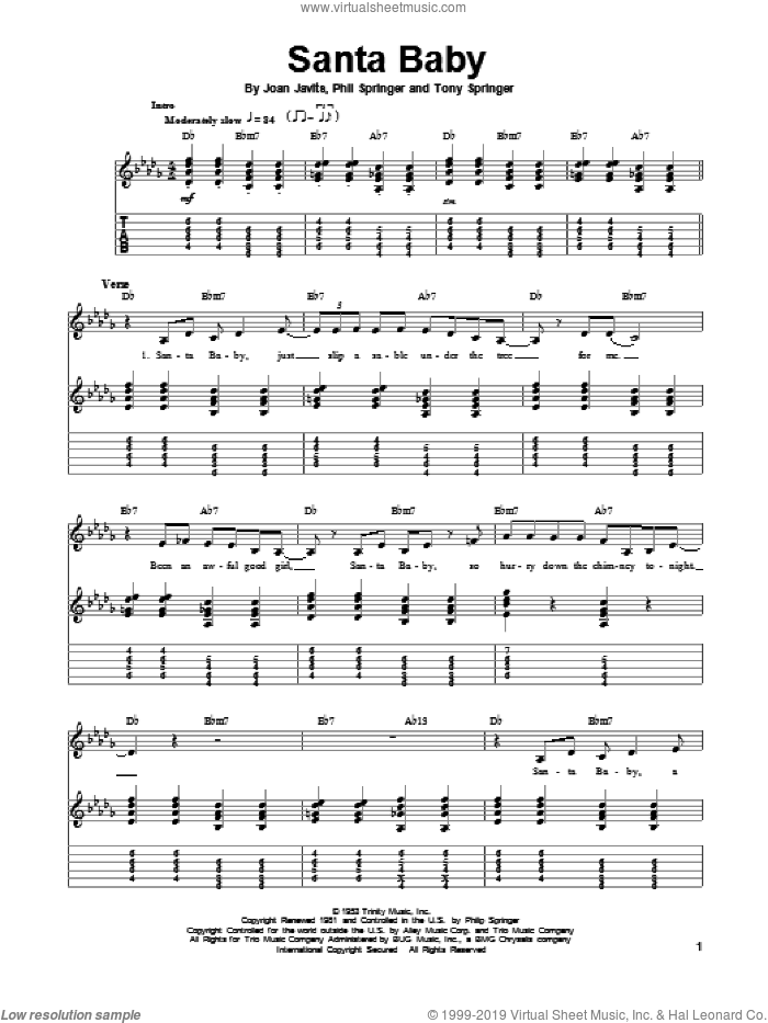 Santa Baby sheet music for guitar (tablature, play-along) by Joan Javits, Eartha Kitt, Phil Springer and Tony Springer, intermediate skill level
