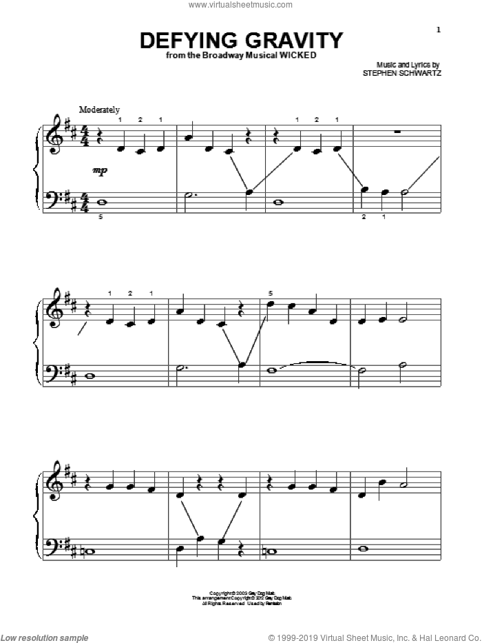 Defying Gravity (from Wicked), (beginner) sheet music for piano solo by Stephen Schwartz, beginner skill level