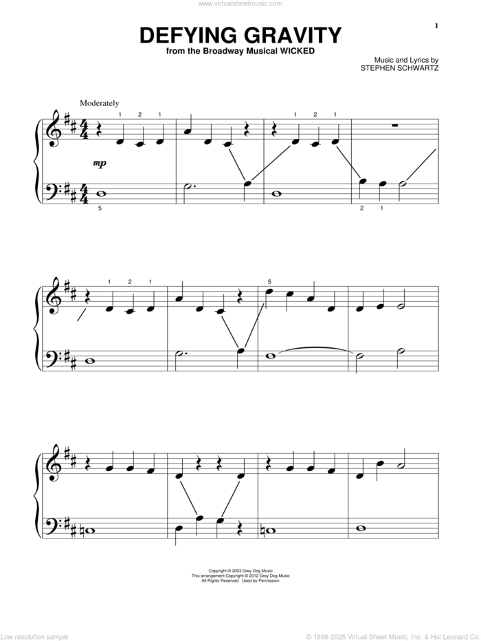 Defying Gravity (from Wicked), (beginner) sheet music for piano solo by Stephen Schwartz, beginner skill level