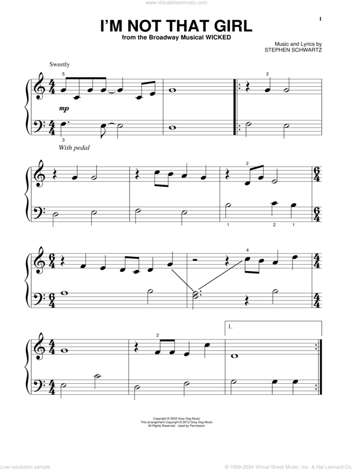 I'm Not That Girl (from Wicked) sheet music for piano solo by Stephen Schwartz, beginner skill level