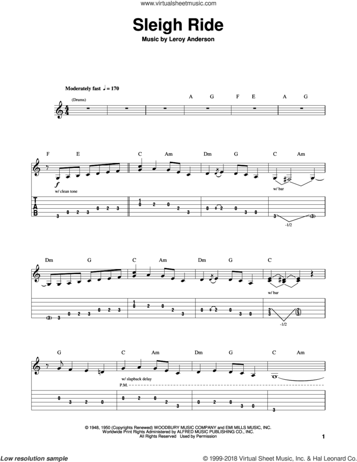Sleigh Ride sheet music for guitar (tablature, play-along) by Leroy Anderson and Mitchell Parish, intermediate skill level
