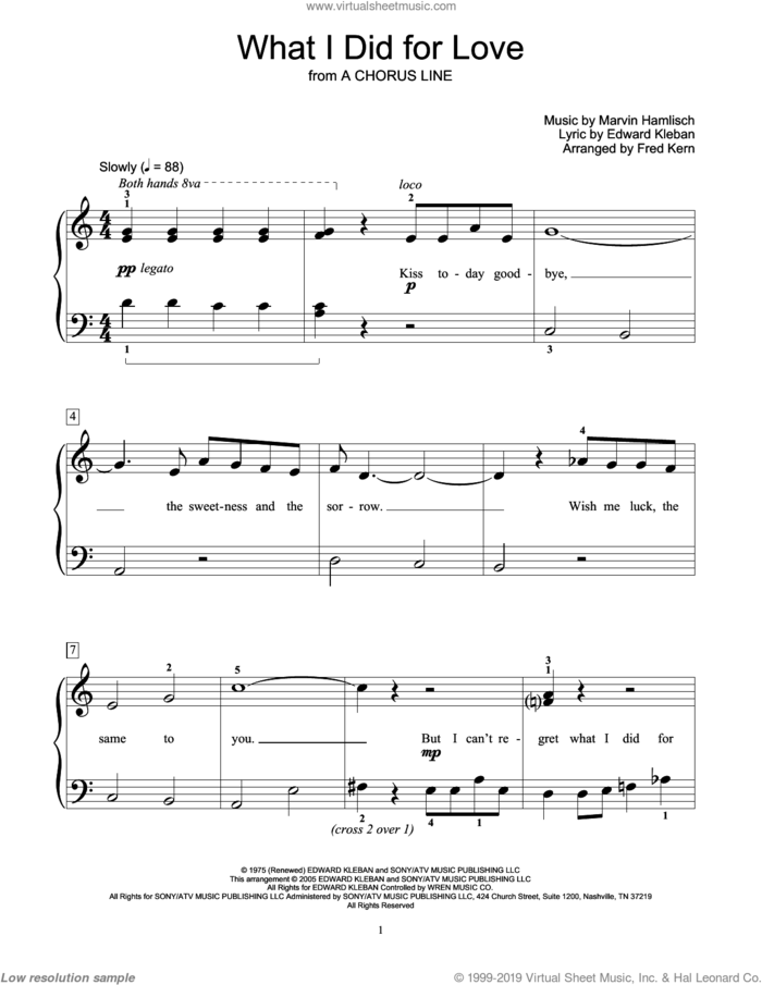 What I Did For Love sheet music for piano solo (elementary) by Marvin Hamlisch, Fred Kern, A Chorus Line (Musical), Miscellaneous and Edward Kleban, beginner piano (elementary)