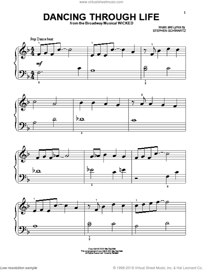 Dancing Through Life (from Wicked), (beginner) sheet music for piano solo by Stephen Schwartz, beginner skill level
