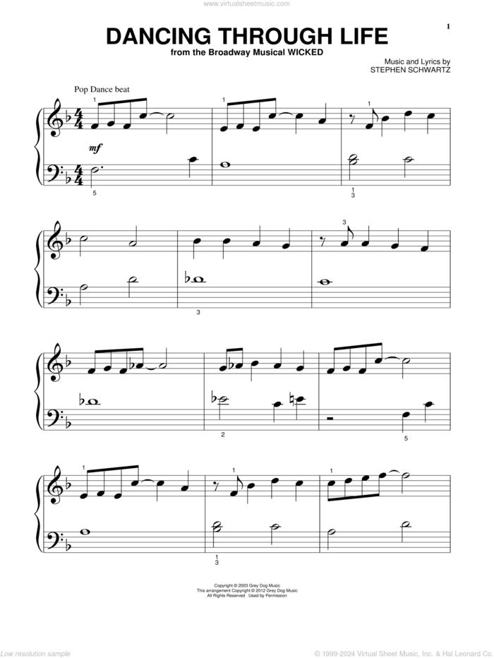 Dancing Through Life (from Wicked), (beginner) (from Wicked) sheet music for piano solo by Stephen Schwartz, beginner skill level