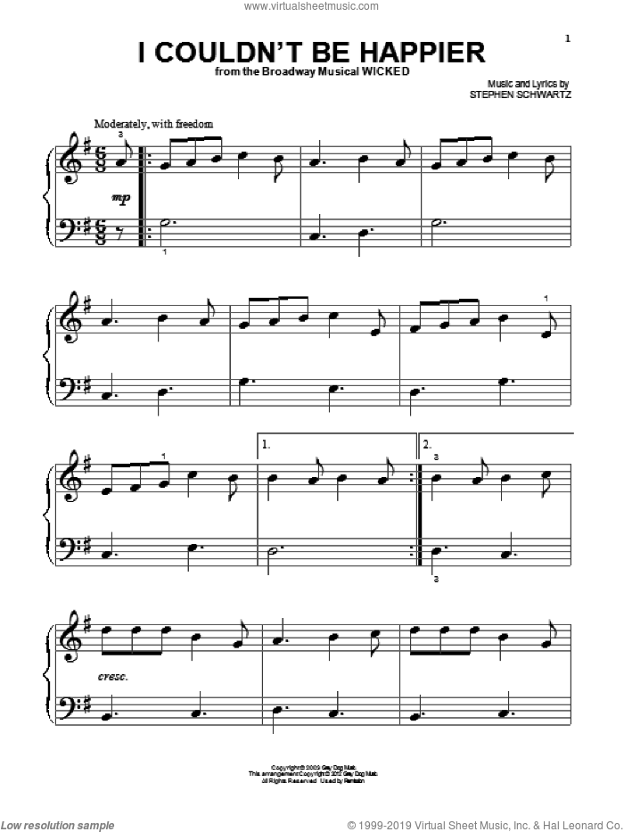 I Couldn't Be Happier (from Wicked) sheet music for piano solo by Stephen Schwartz, beginner skill level