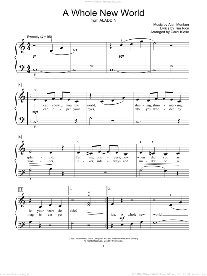 A Whole New World (from Aladdin) (arr. Carol Klose) sheet music for piano solo (elementary) by Alan Menken, Carol Klose, Miscellaneous, Alan Menken & Tim Rice and Tim Rice, wedding score, beginner piano (elementary)