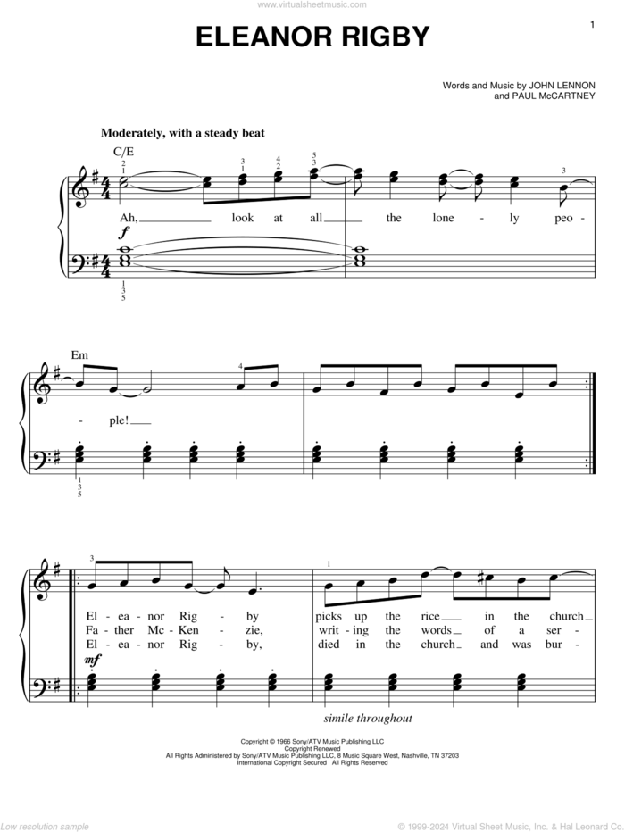 Eleanor Rigby, (easy) sheet music for piano solo by The Beatles, John Lennon and Paul McCartney, easy skill level