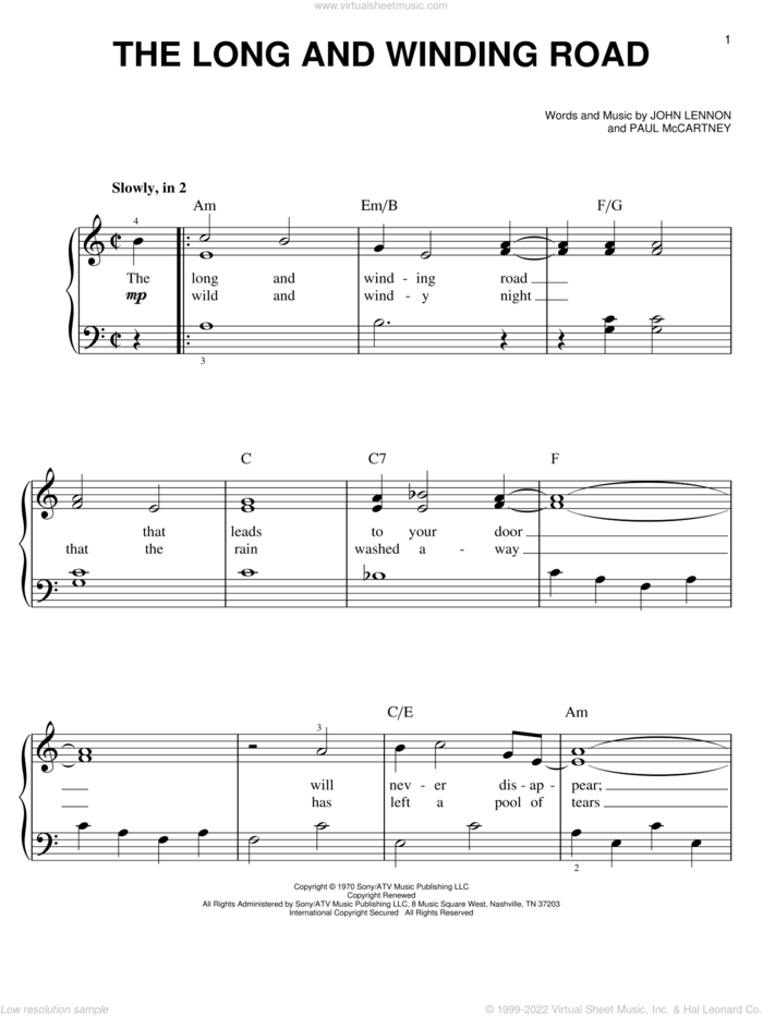 The Long And Winding Road, (easy) sheet music for piano solo by The Beatles, John Lennon and Paul McCartney, easy skill level