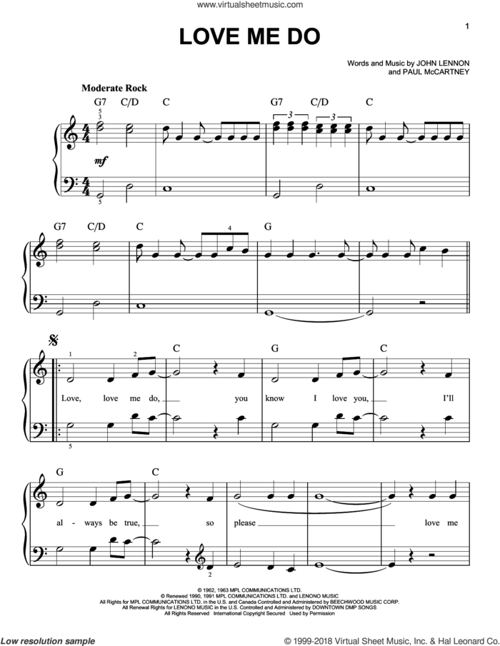 Love Me Do, (beginner) sheet music for piano solo by The Beatles, John Lennon and Paul McCartney, beginner skill level