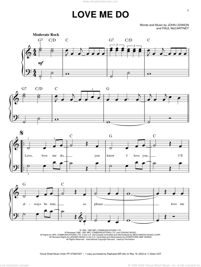 Love Me Do, (beginner) sheet music for piano solo by The Beatles, John Lennon and Paul McCartney, beginner skill level