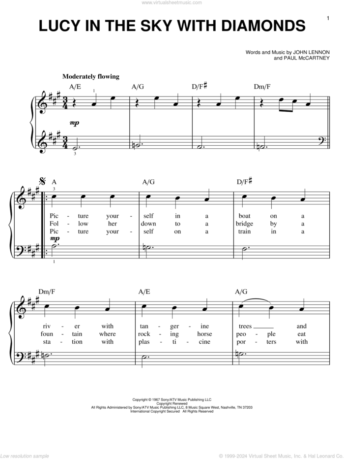 Lucy In The Sky With Diamonds, (easy) sheet music for piano solo by The Beatles, Across The Universe (Movie), Elton John, John Lennon and Paul McCartney, easy skill level