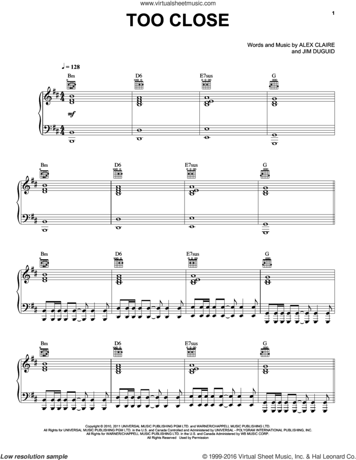 Too Close sheet music for voice, piano or guitar by Alex Clare, Alex Claire and Jim Duguid, intermediate skill level
