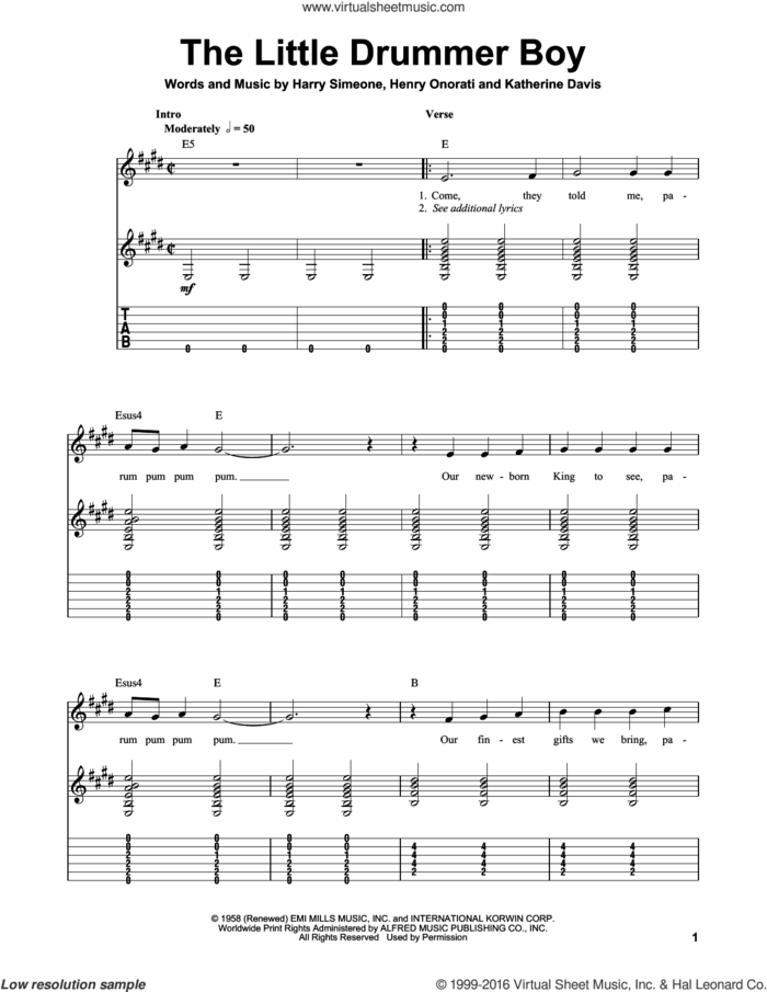 The Little Drummer Boy, (easy) sheet music for guitar solo (easy tablature) by Katherine Davis, Harry Simeone and Henry Onorati, easy guitar (easy tablature)