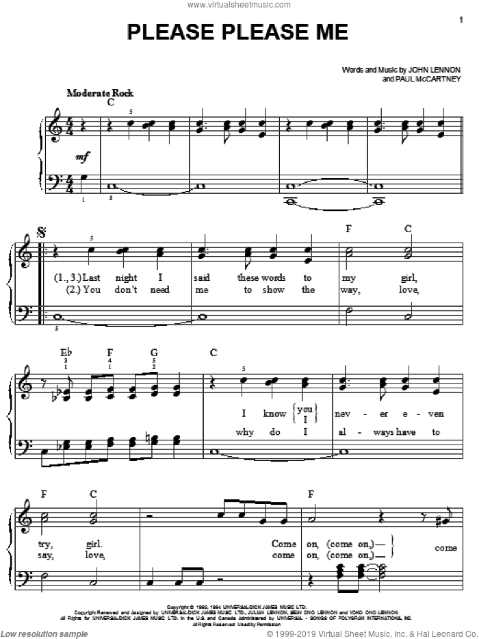Please Please Me sheet music for piano solo by The Beatles, John Lennon and Paul McCartney, easy skill level