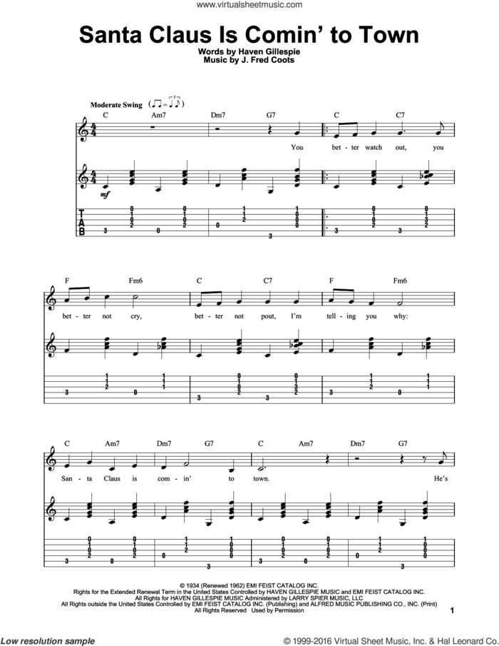 Santa Claus Is Comin' To Town sheet music for guitar solo (easy tablature) by J. Fred Coots and Haven Gillespie, easy guitar (easy tablature)