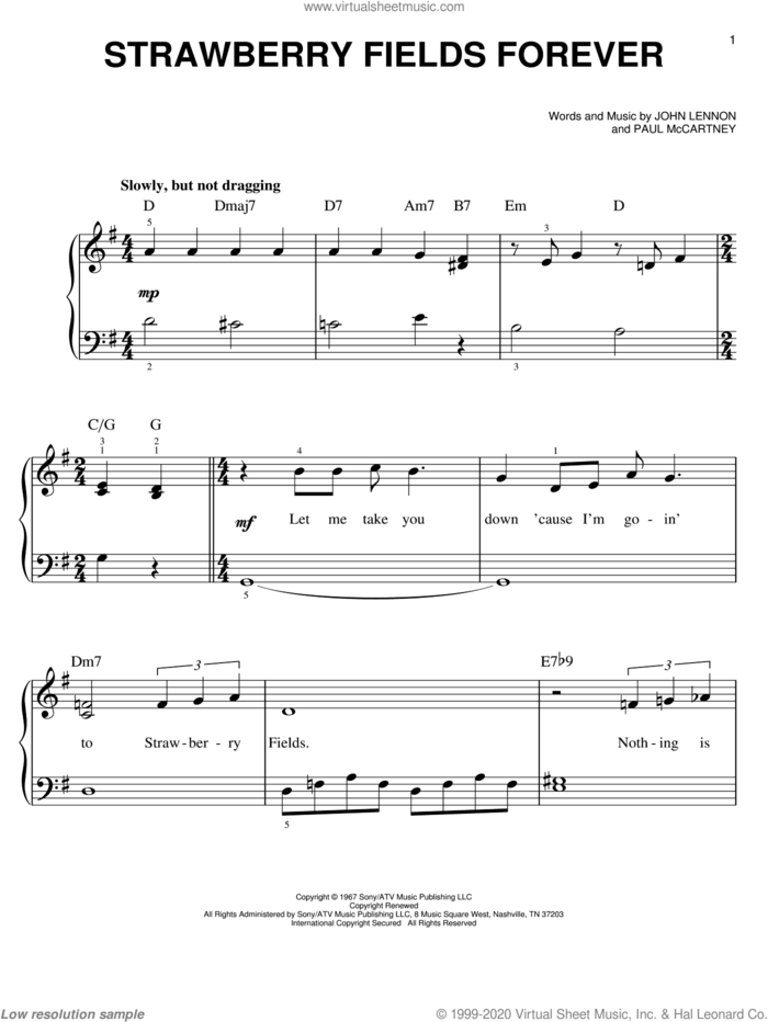 Strawberry Fields Forever, (easy) sheet music for piano solo by The Beatles, Across The Universe (Movie), John Lennon and Paul McCartney, easy skill level