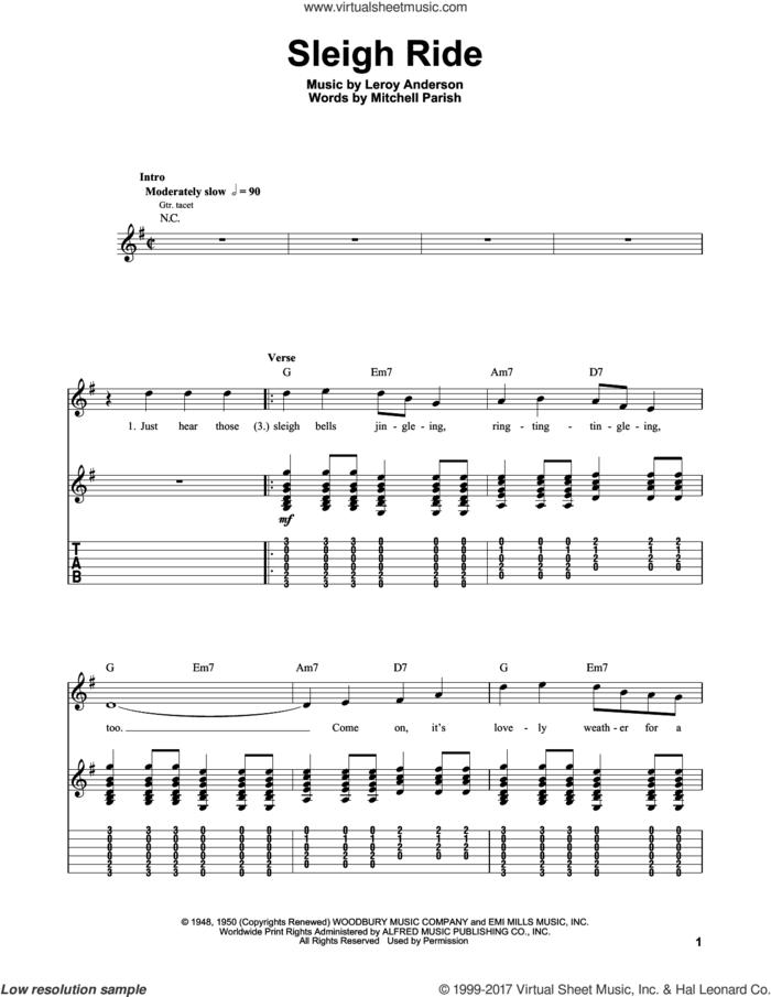 Sleigh Ride sheet music for guitar solo (easy tablature) by Leroy Anderson and Mitchell Parish, easy guitar (easy tablature)