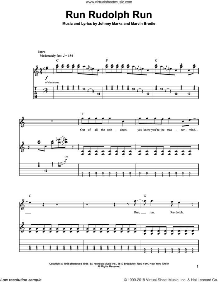 Run Rudolph Run sheet music for guitar solo (easy tablature) by Justin Moore, Chuck Berry, Johnny Marks and Marvin Brodie, easy guitar (easy tablature)