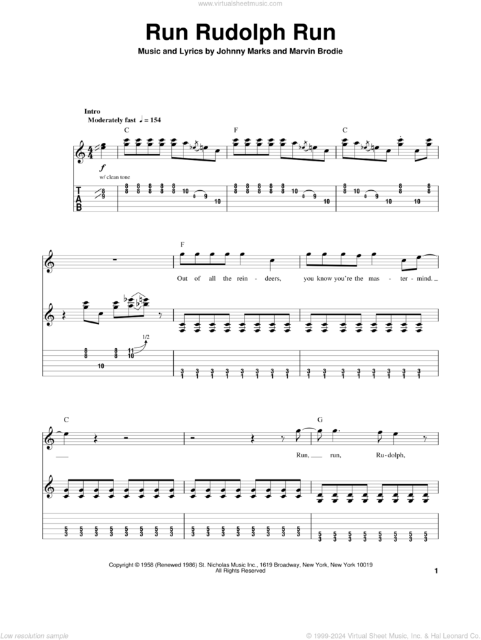 Run Rudolph Run sheet music for guitar solo (easy tablature) by Justin Moore, Chuck Berry, Johnny Marks and Marvin Brodie, easy guitar (easy tablature)