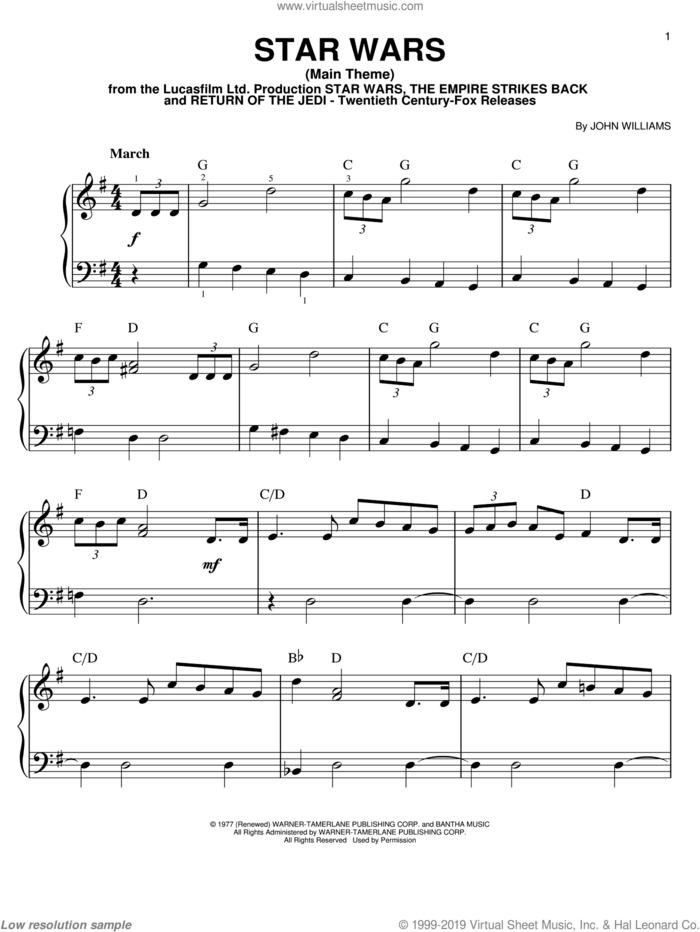 Star Wars (Main Theme), (easy) (Main Theme) sheet music for piano solo by John Williams, easy skill level