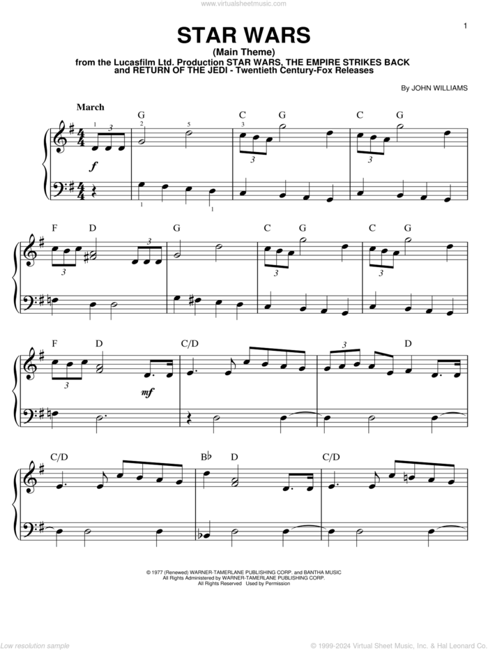 Star Wars (Main Theme), (easy) (Main Theme) sheet music for piano solo by John Williams, easy skill level