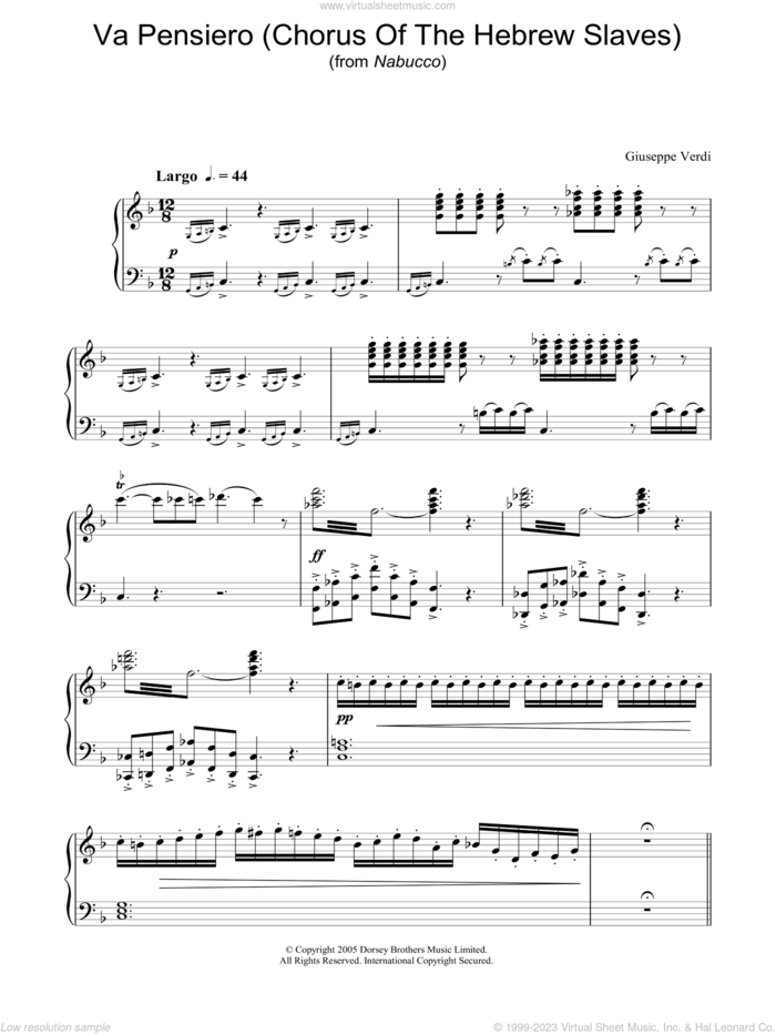 Va, Pensiero (Chorus Of The Hebrew Slaves) (from Nabucco), (intermediate) sheet music for piano solo by Giuseppe Verdi, classical score, intermediate skill level