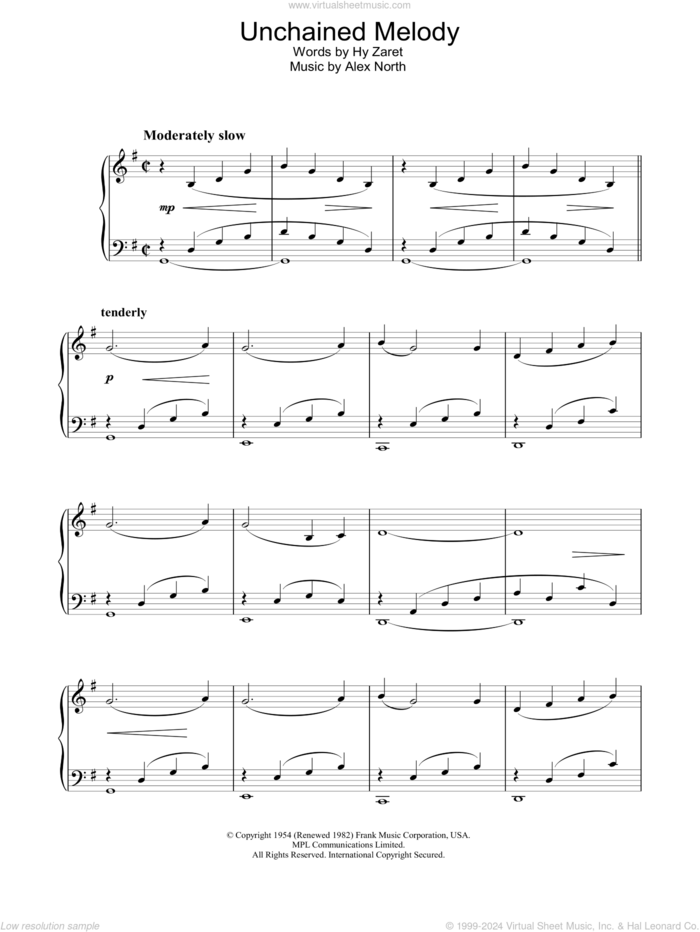 Unchained Melody sheet music for piano solo by Hy Zaret and Alex North, wedding score, intermediate skill level