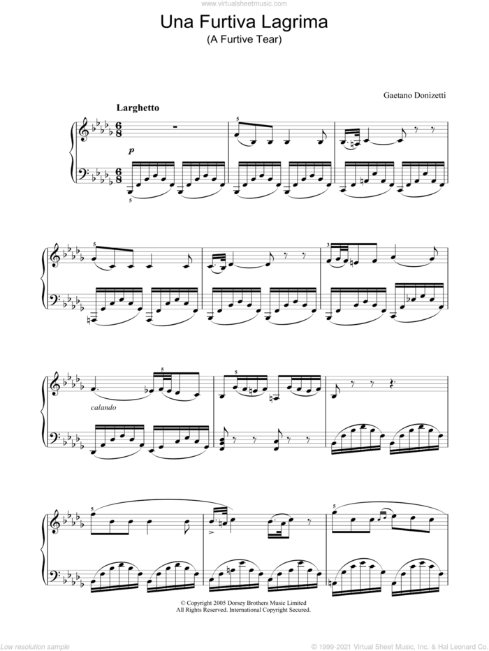 Una Furtiva Lagrima (A Furtive Tear) sheet music for piano solo by Gaetano Donizetti, classical score, intermediate skill level