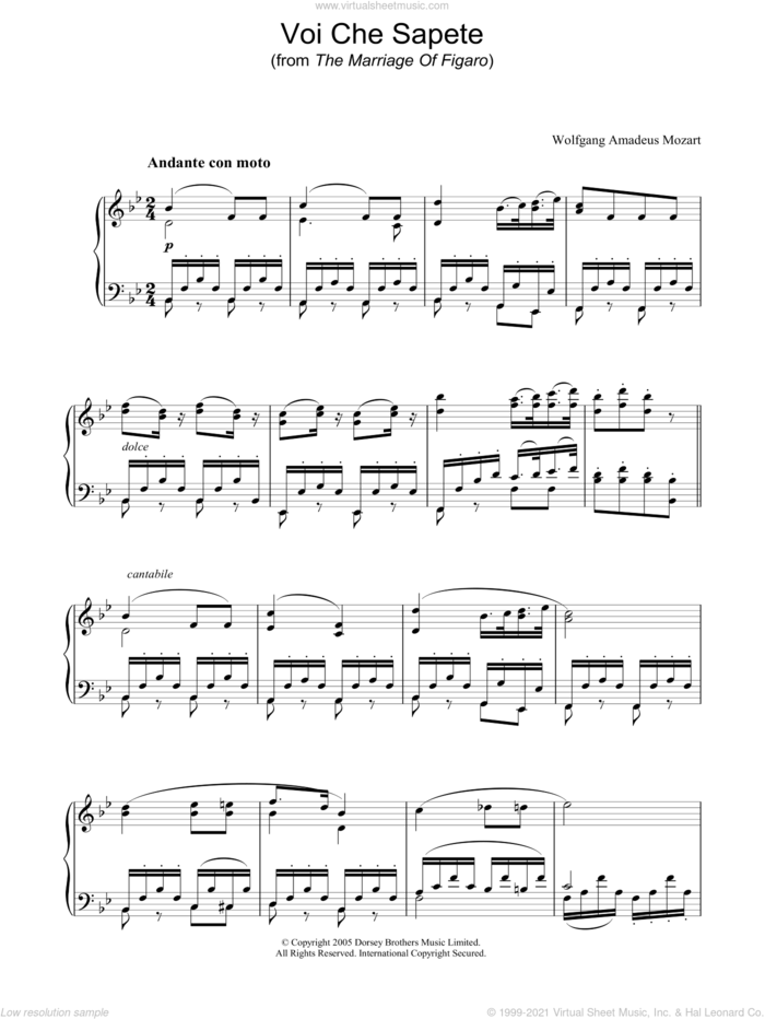 Voi Che Sapete (from The Marriage Of Figaro) sheet music for piano solo by Wolfgang Amadeus Mozart, classical score, intermediate skill level