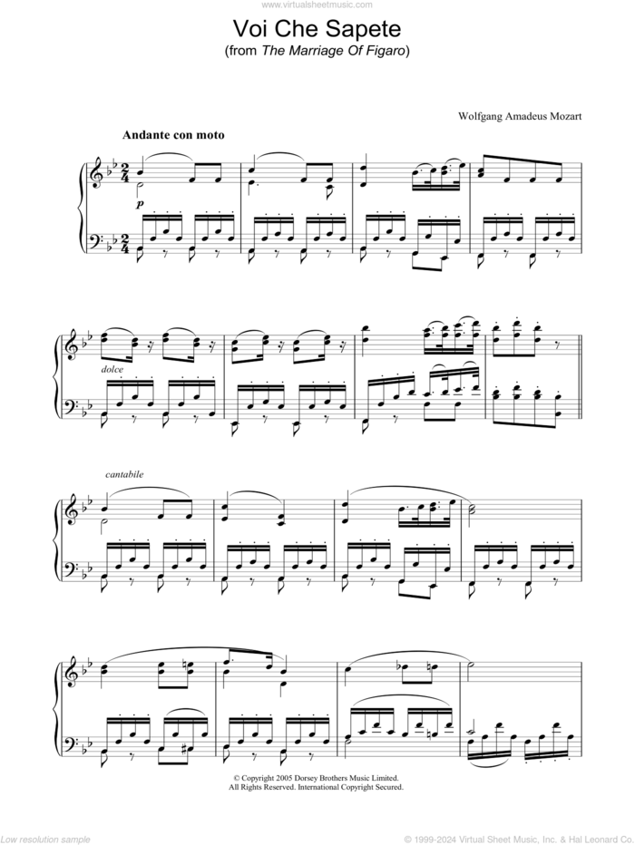 Voi Che Sapete (from The Marriage Of Figaro) sheet music for piano solo by Wolfgang Amadeus Mozart, classical score, intermediate skill level