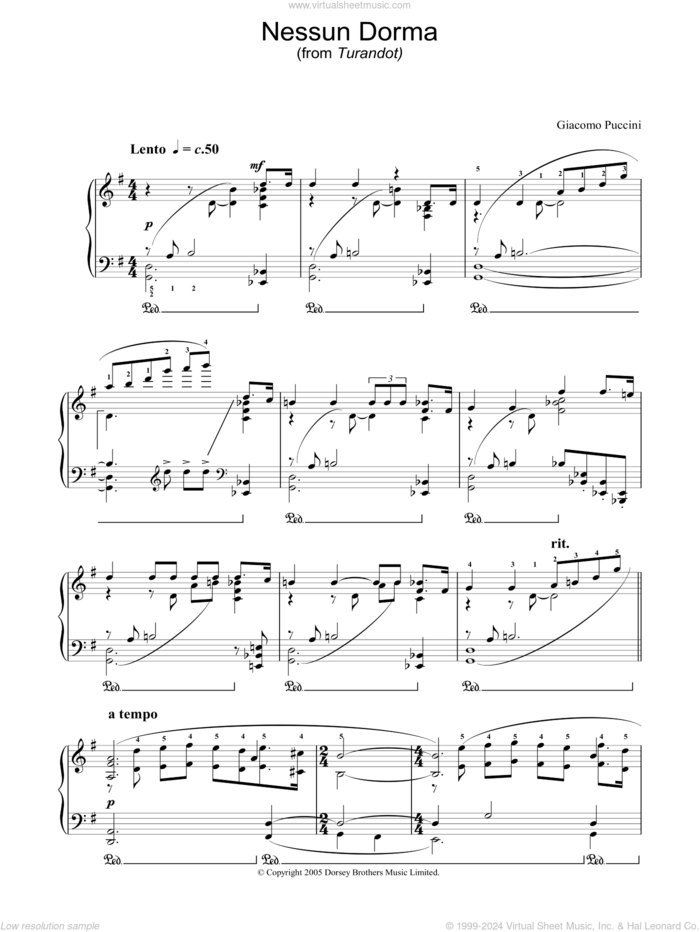 Nessun Dorma (from Turandot) sheet music for piano solo by Giacomo Puccini, classical score, intermediate skill level